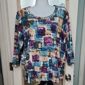 Alfred Dunner Blue and Purple Abstract Long Sleeve Top